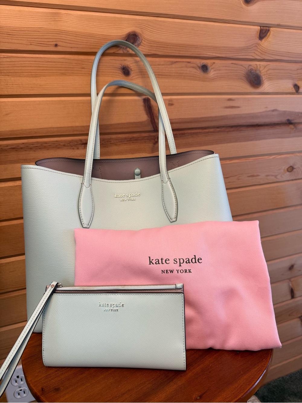 Kate Spade Light Blue Mint Leather Tote with Matching Wristlet & Dust Bag